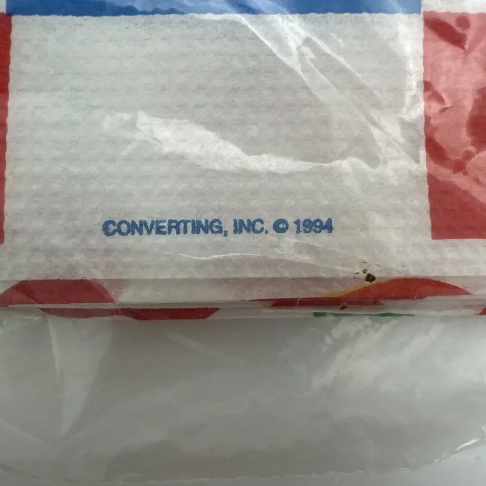 Vintage 90s Linette Tissue Table Cover 44” X 96” Sealed Fruit Checkered Blue Red